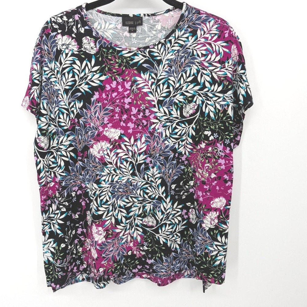J Jill Wearever Top Women Medium Black Floral Leaf Short Sleeve Stretch‎ Mature